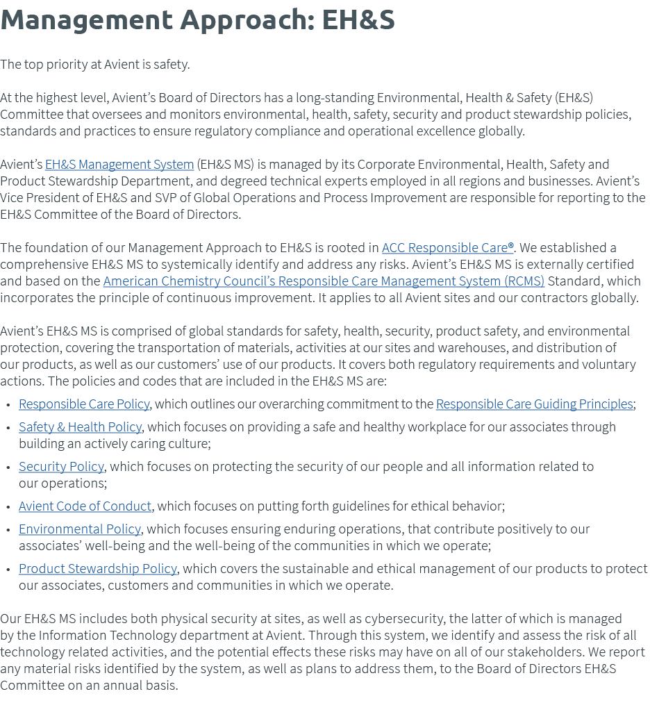 Management Approach: EH&S The top priority at Avient is safety  At the highest level, Avient s Board of Directors has   