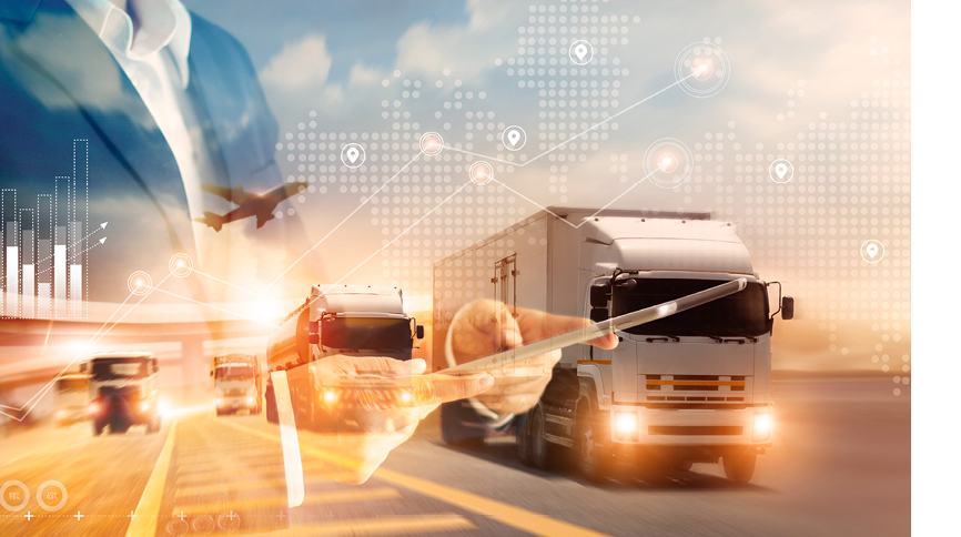 Double exposure of businessman and graph growth of business with world map of transportation and logistics network distribution and trucks of industrial cargo freight for shipping. import-export. 