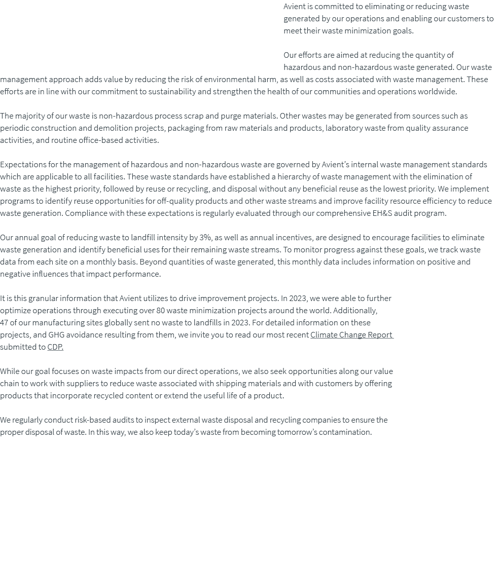 Avient is committed to eliminating or reducing waste generated by our operations and enabling our customers to meet t...