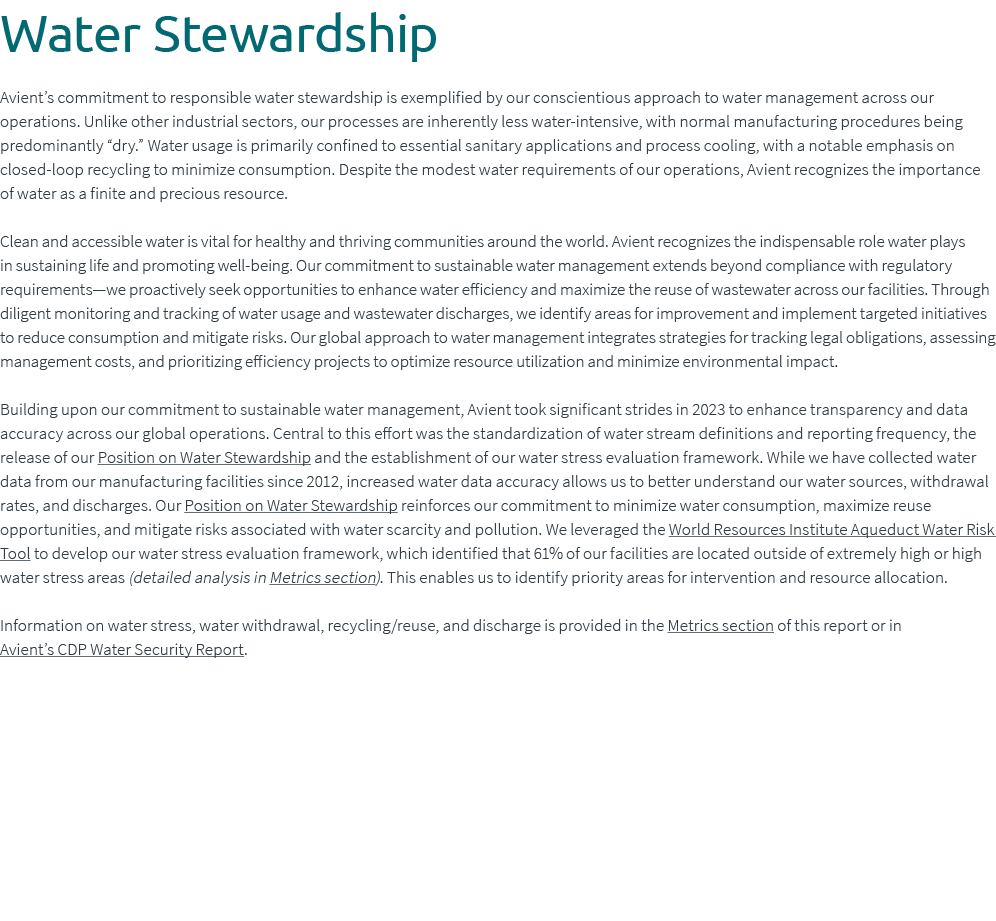 Water Stewardship Avient’s commitment to responsible water stewardship is exemplified by our conscientious approach t...